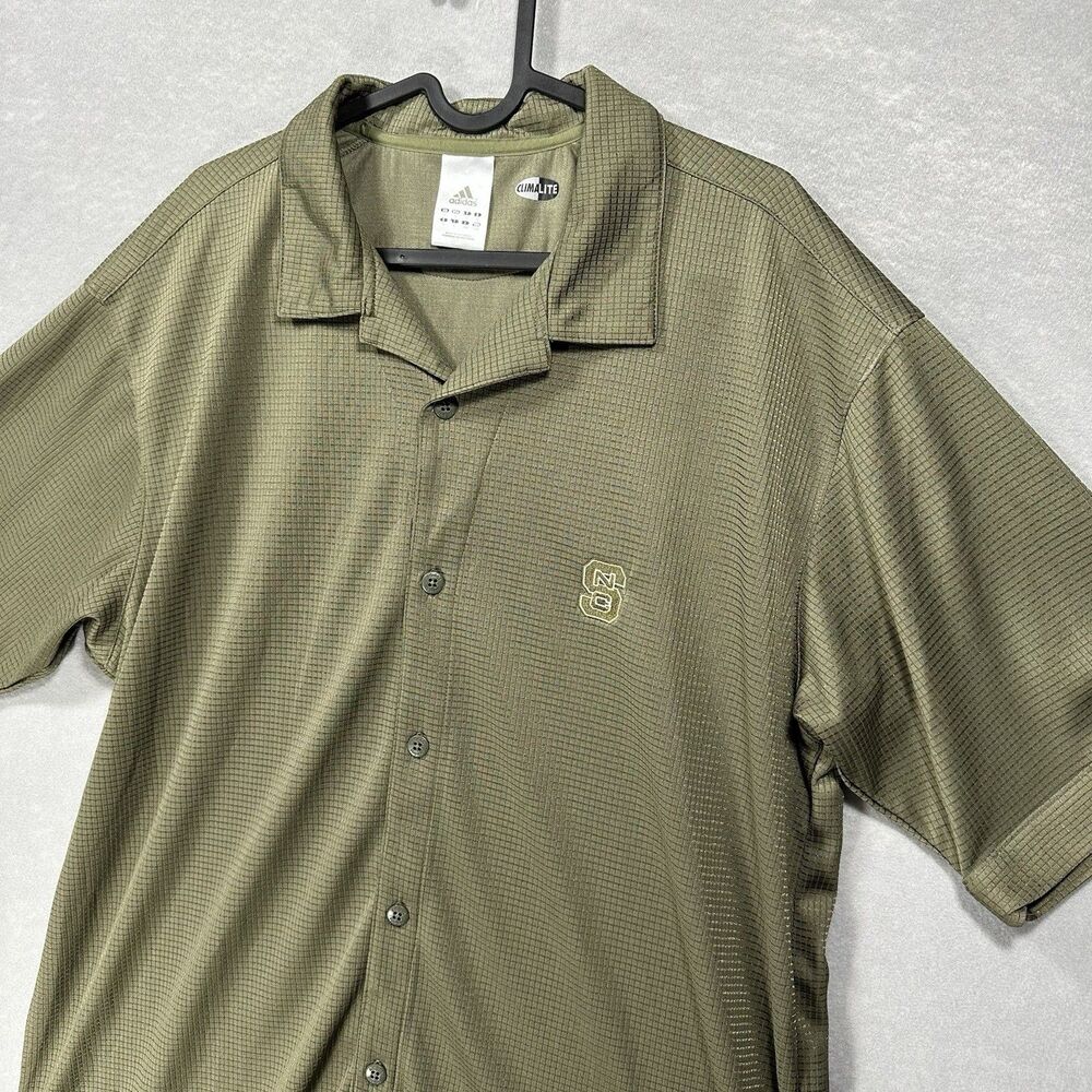 NC State Men’s L Adidas Full Button‎ Short Sleeve Polo Army Green Waffle Pattern